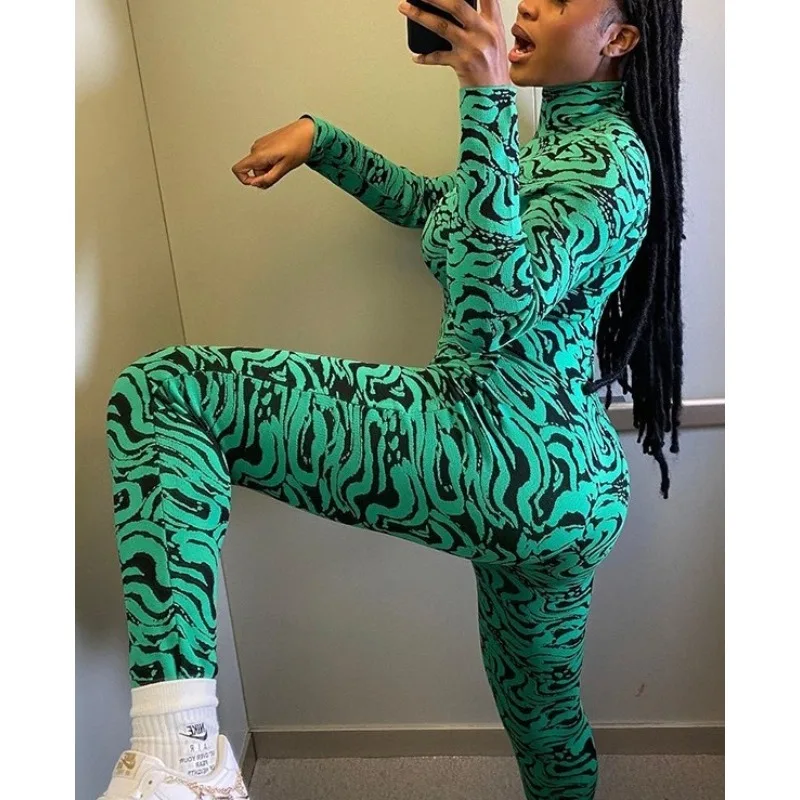 

Krisnanas Green Print Jumpsuits for Woman 2025 Skinny High Neck Long Sleeve Hip Lifting Leggings Workout Long Jumpsuit 153801