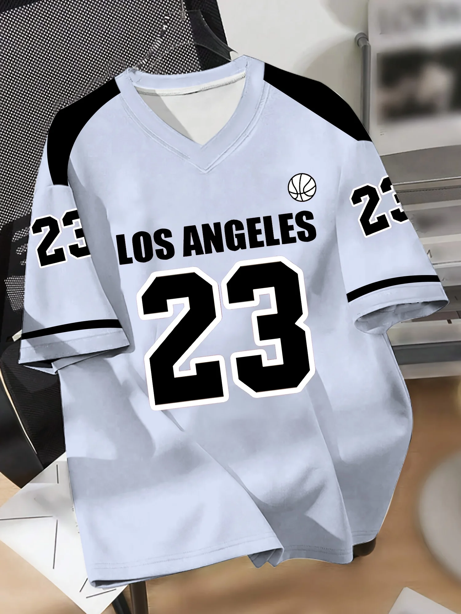 تي شيرت لوس أنجلوس 23 لكرة السلة للرجال برقبة على شكل حرف V وأكمام قصيرة كاجوال ورياضي بطباعة رقمية #1