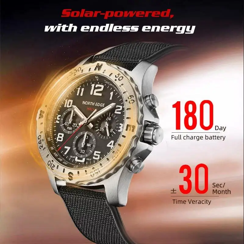 

NORTH EDGE MACH2 Men's Watches Solar Power 316 stainless steel Case Quartz Watch For Men Pilot Waterproof 50M Stopwatch