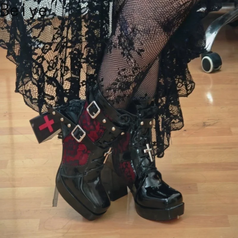 Chunky Block Heel Harajuku Jirai Kei Boots Girls Gothic Cross Platform Ankle Boots Women Lace Patchwork Buckle Lace Up Bootie