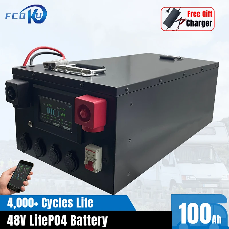 

48V 100Ah LiFePo4 Battery Pack 51.2V 5kWh Lithium Iron Phosphate Batteries 16S Built-in Active Equalization Bluetooth BMS