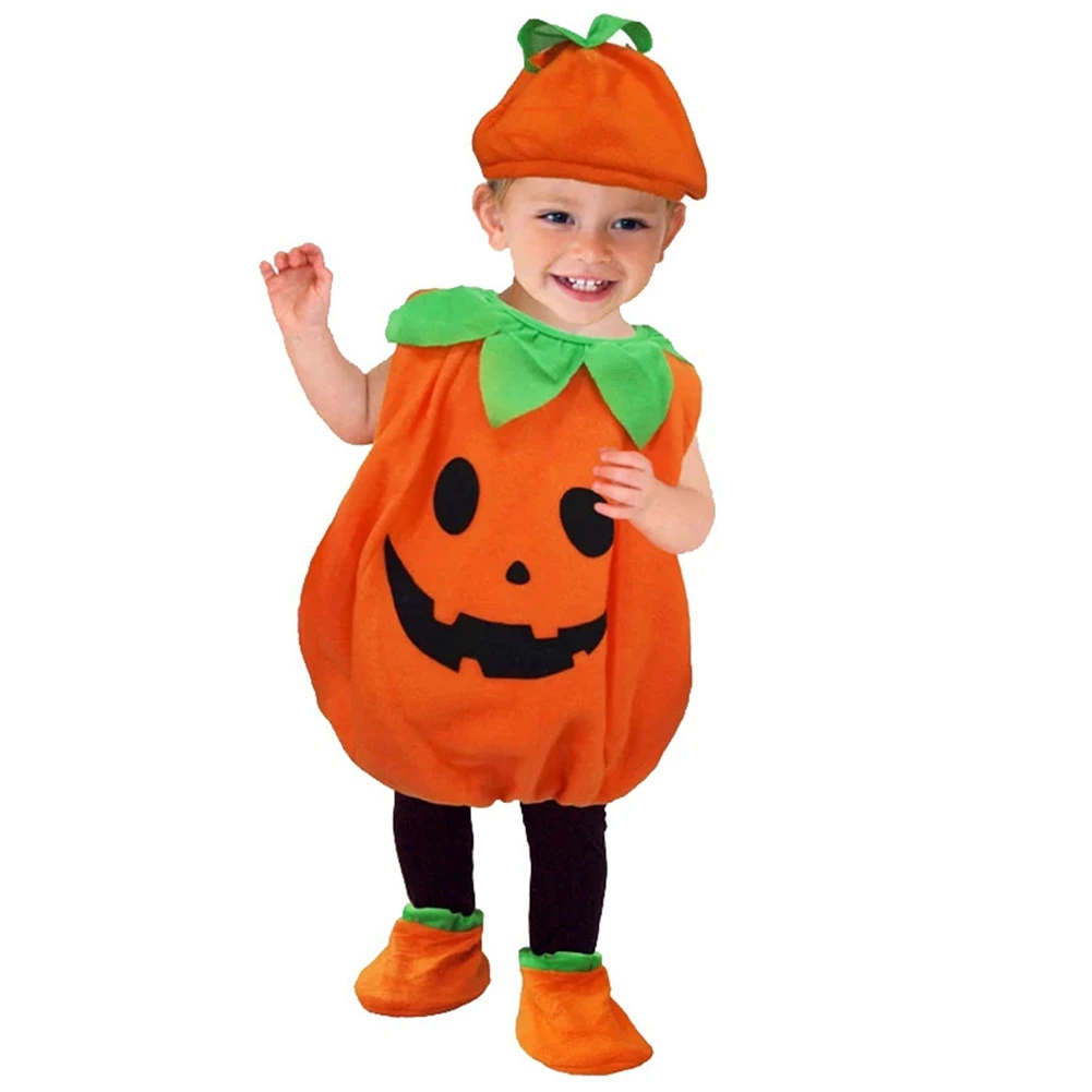 Kids Children Halloween Pumpkin Costume with Hat Cosplay for Baby Girl Boy Stage Clothings 110cm