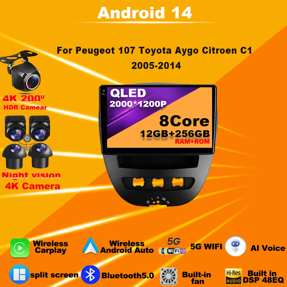 

Car Radio Android 14 For Peugeot 107 Toyota Aygo Citroen C1 2005-2014 Multimedia CarPlay Navigation GPS Wireless Touch Screen