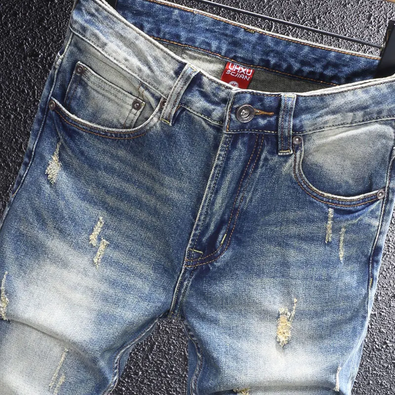 Designer de moda calças de brim dos homens alta qualidade retro azul estiramento fino ajuste rasgado jeans masculino estilo italiano vintage denim calças hombre