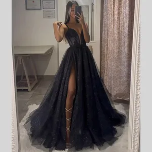Vestidos pretos de baile, Correias, Apliques, Glitter Party, Vestidos de noite, Split, Tapete vermelho formal, Longo, Vestido para ocasiões especiais, 1 6 principais vendas vestidos cerimonia convidada - №6