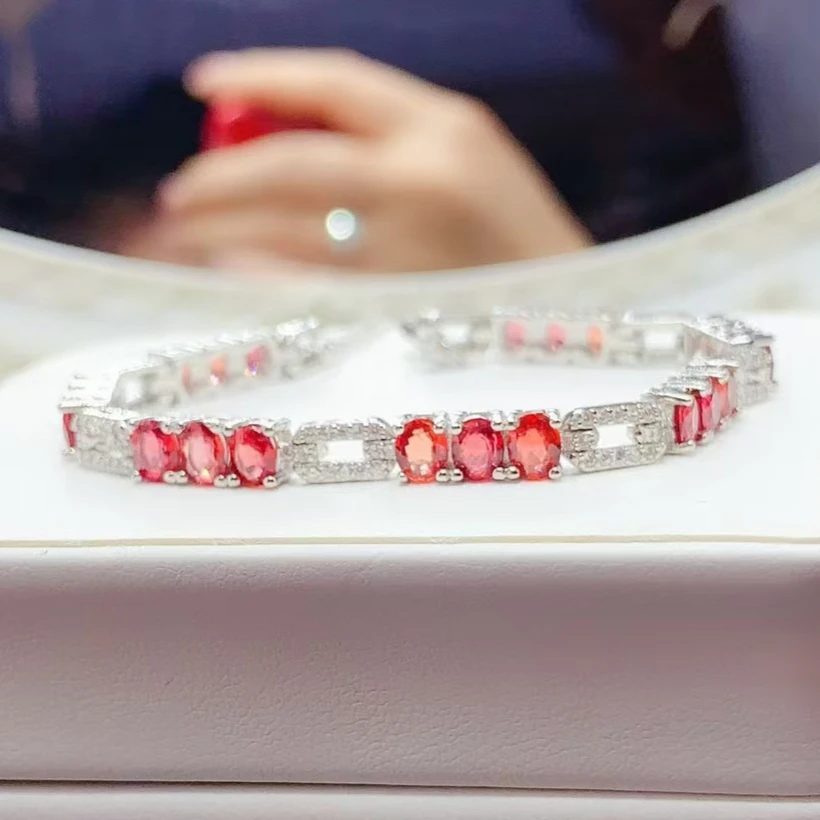 

Red Color Natural Sapphire Bracelet 21 Pieces 3.5mm*4.5mm Total 5ct Genuine Sapphire 925 Silver Bracelet with 18K Gold Plating