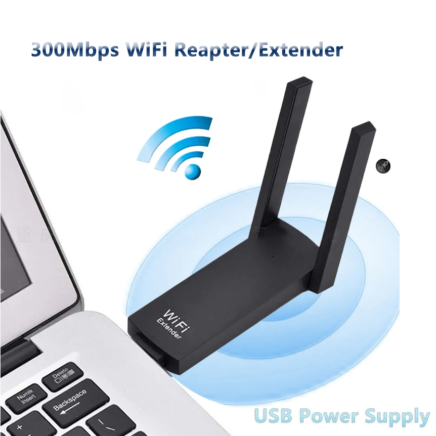 USB Wi-Fi Extender 2.4GHz 300Mbps WiFi Repeater USB Wireless Signal Amplifier WPS Range Extender with 2 Antennas