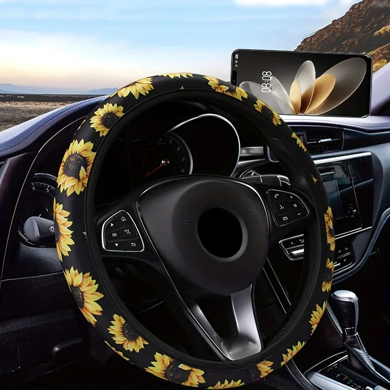 Coprivolante per auto con fiore di girasole creativo coprivolante universale per auto quattro stagioni, senza anello interno