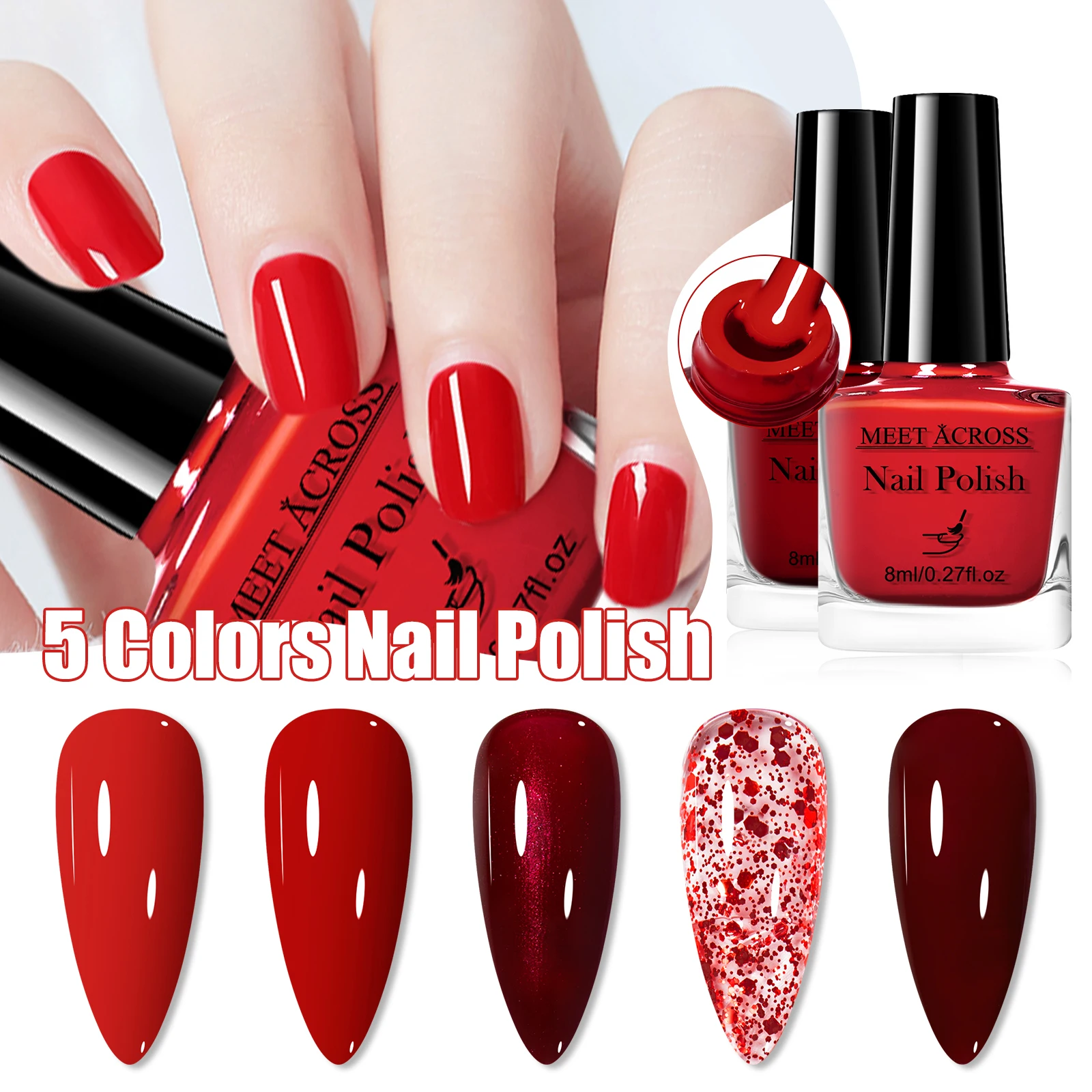

5pcs/set 8ml Red Pink Water-Based Nail Polish Long Lasting Quick Drying No Need of Lamp to Cure Maniure Decor DIY Nail Supplies