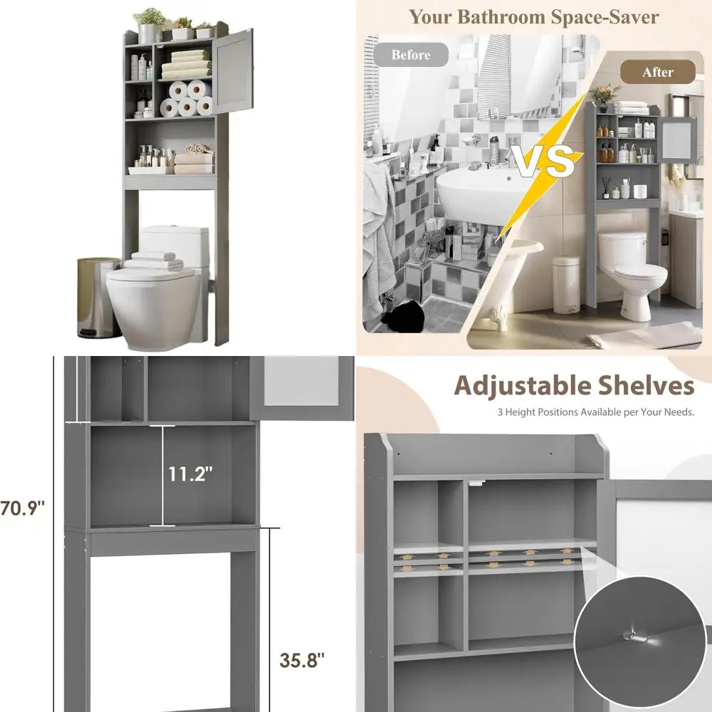 

Gray Freestanding Toilet Storage Cabinet with Adjustable Shelf and Double Doors for Bathroom Organization