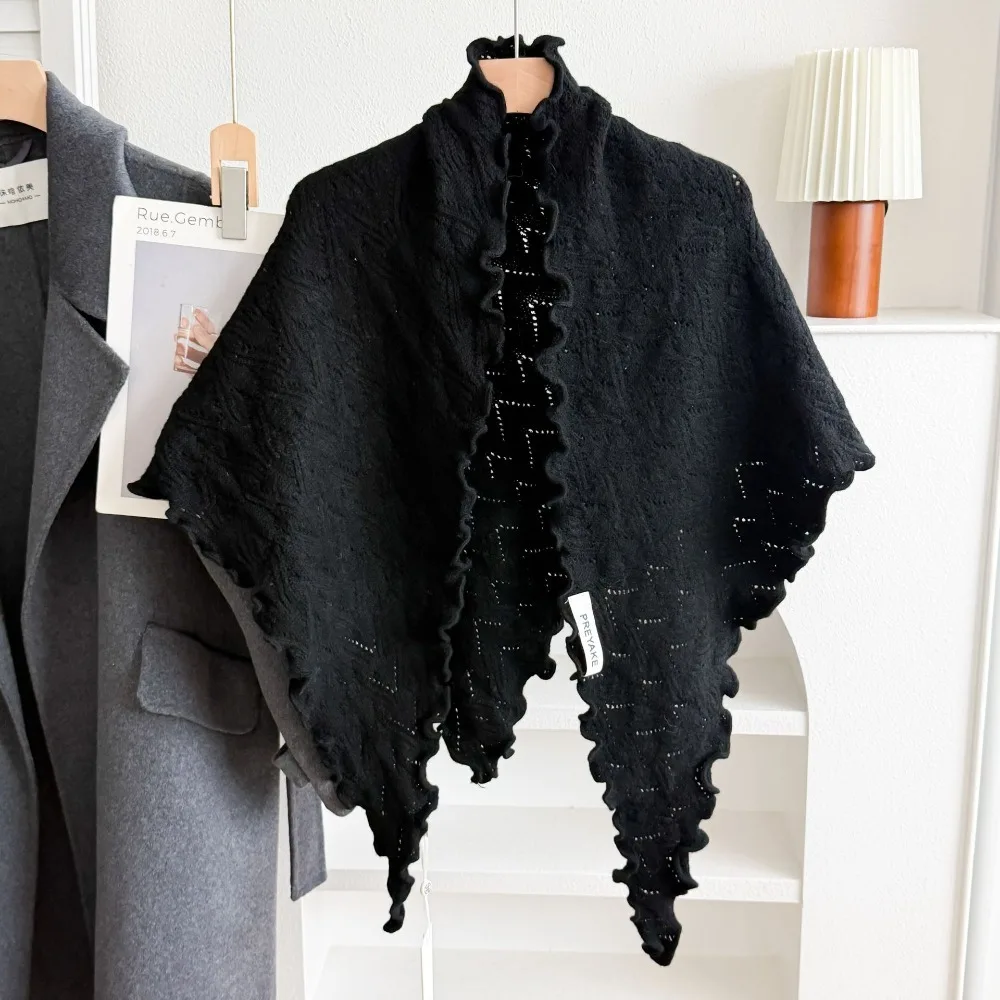Elegant Solid Color Women Scarf Knitted Fabric Wool Blend Triangle Scarf Soft Knitted Shawl Street Wear