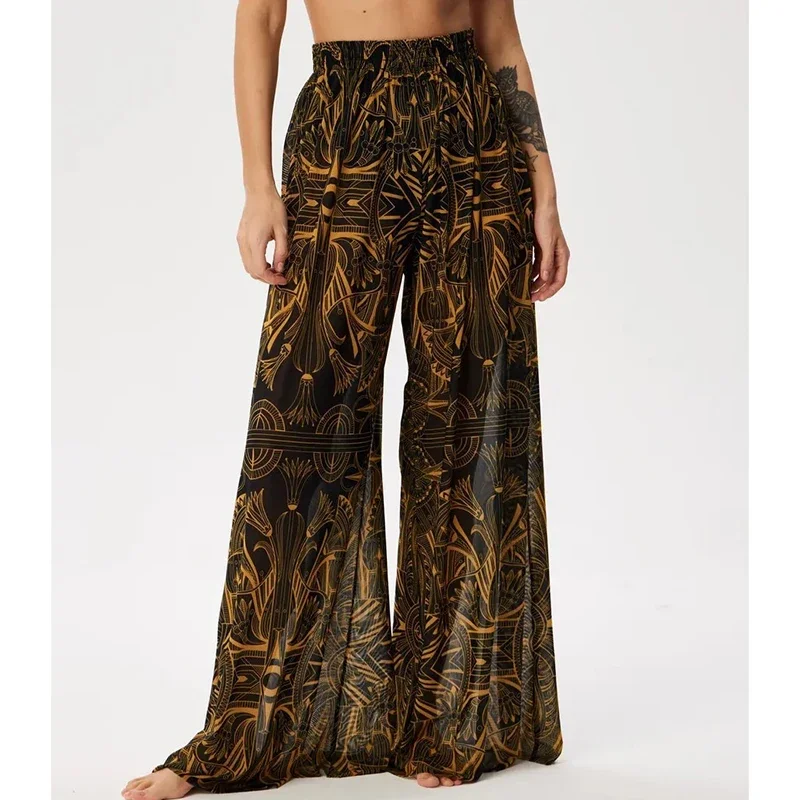 Chic Vintage พิมพ์กางเกงผู้หญิงชีฟอง Elastic High เอวกางเกงขากว้าง 2025 ใหม่ Spice Girl Beachwear บิกินี่ Cover Up