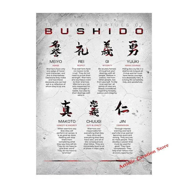 Japanse Samurai 7 Deugden van Bushido Quotes Japan Kanji Samurai Wall Art Canvas Poster Print Foto Woonkamer Home Decor