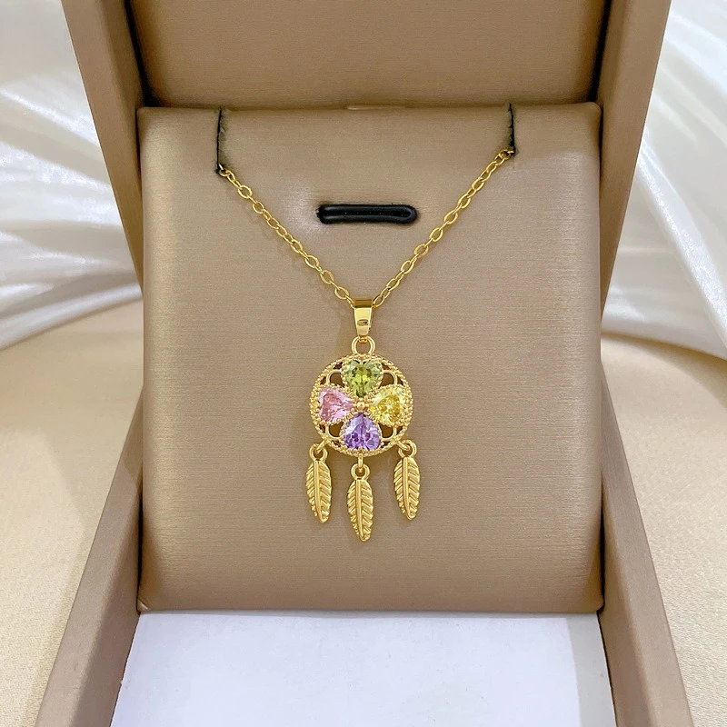 القلائد الملونة الزركون البرسيم زاك للنساء الفتيات محظوظ الفولاذ المقاوم للصدأ سلسلة قلادة مجوهرات اكسسوارات هدايا