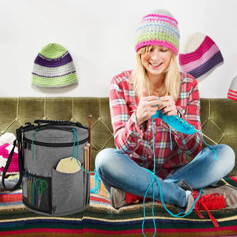 Marine Storage Bag Round Barrel DIY Handmade Knitted Yarn Large Capacity Storage Bag for Woolen Balls and Crochet Hooks