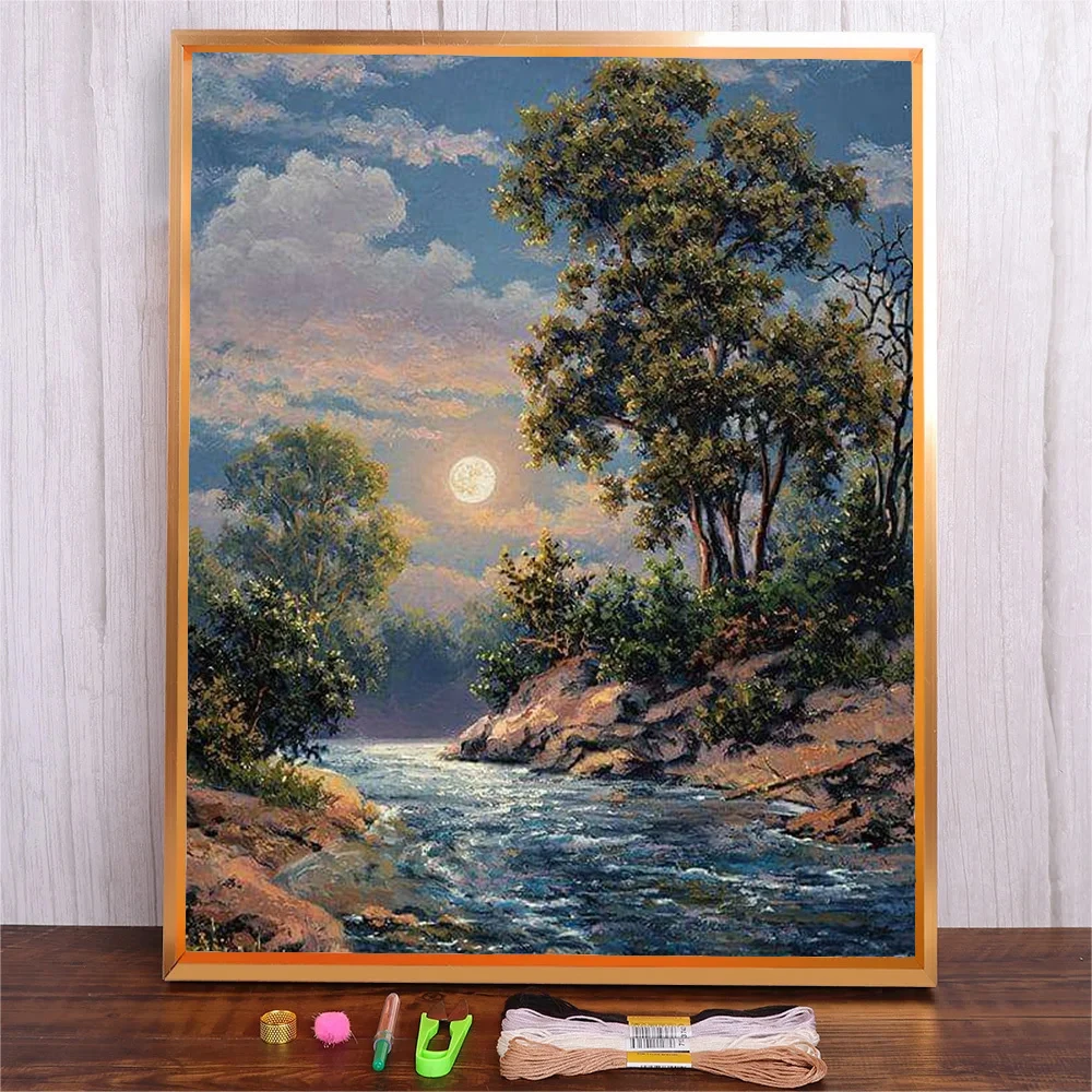 Sunset River Landscape Printed Cross Stitch Kits DIY Set Living Room Decoration Paintings New Crafts Handmade Embroidery Kit