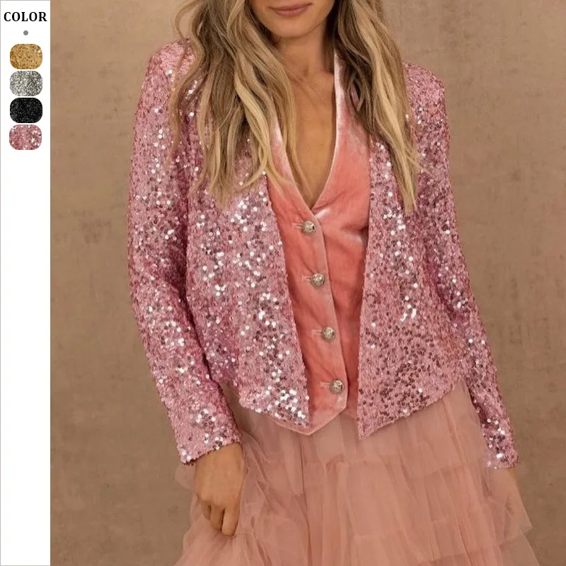 

2025 European and American women's fashion color blocked sequin short casual women's jacket for spring women