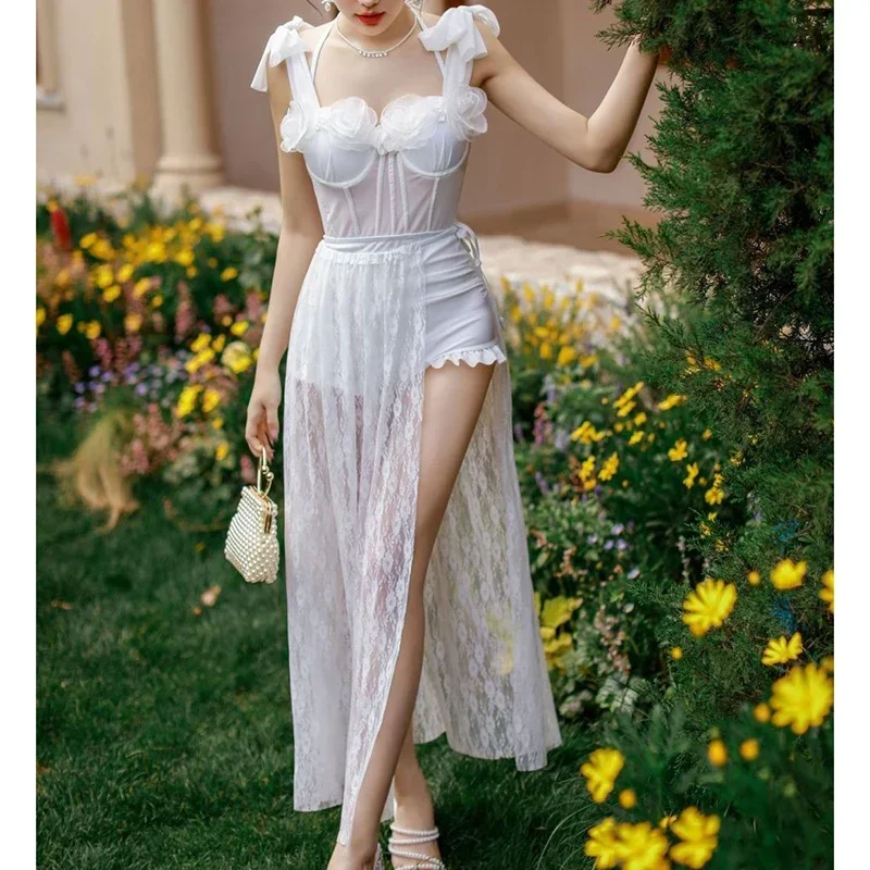 

Chic Floral Bathing Suit Women See Through Mesh Lace Up High Waist One Piece Swimsuit Lace Beach Dress New Elegant Sexy Swimwear