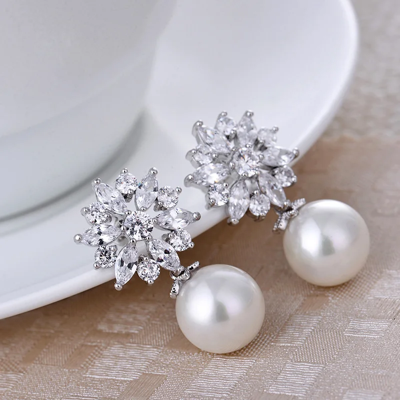 genuine Luxury brand real jewels Liangya beauty network Japan and South Korea fashion snowflake zircon Pearl Earrings Jewelry hi