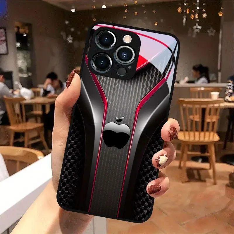 Red Carbon Fiber For Apple Pattern Glass Black Phone Case For iPhone 18 17 16 15 14 13 12 11 Pro Max 17 Air 7 8 Plus XR X Cover