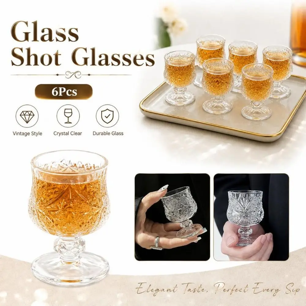 6Pcs New 50ML Stemmed Shot Glasses Transparent Embossed Pattern Mini Liquor Cups Glass Shot Glasses Table Serving