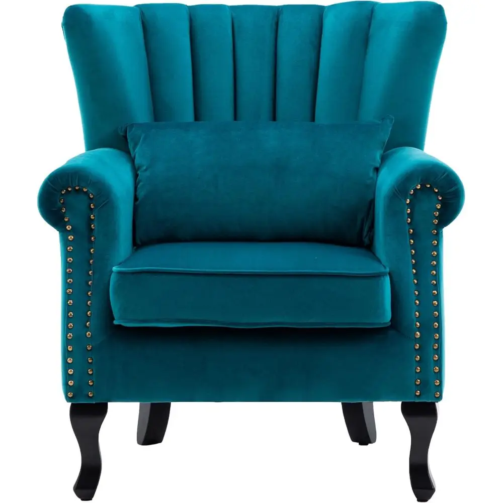 

Teal Blue Velvet Wingback Club Chair with Pillow for Living Room Lounge