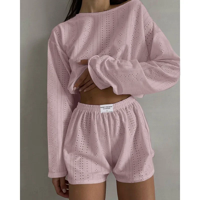 

Pajamas for Women Summer Sleepwear Hollow Out Pajama Long Sleeve Tops Shorts Pyjama 2 Piece Set Homewear Nightwear Pijama Mujer