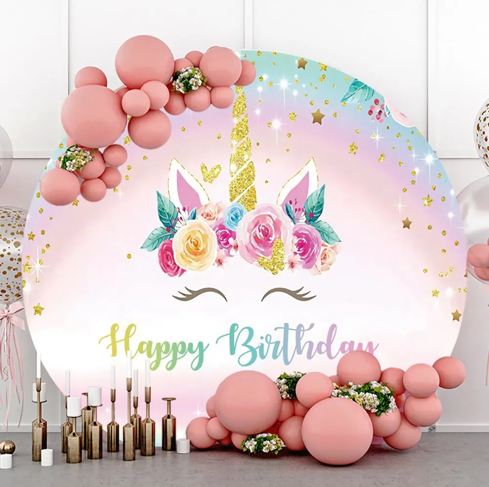 Unicorn Themed Birthday Party Round Backdrop Cover Rainbow Shiny Gold Flower Newborn Baby Shower Photo Photography Background