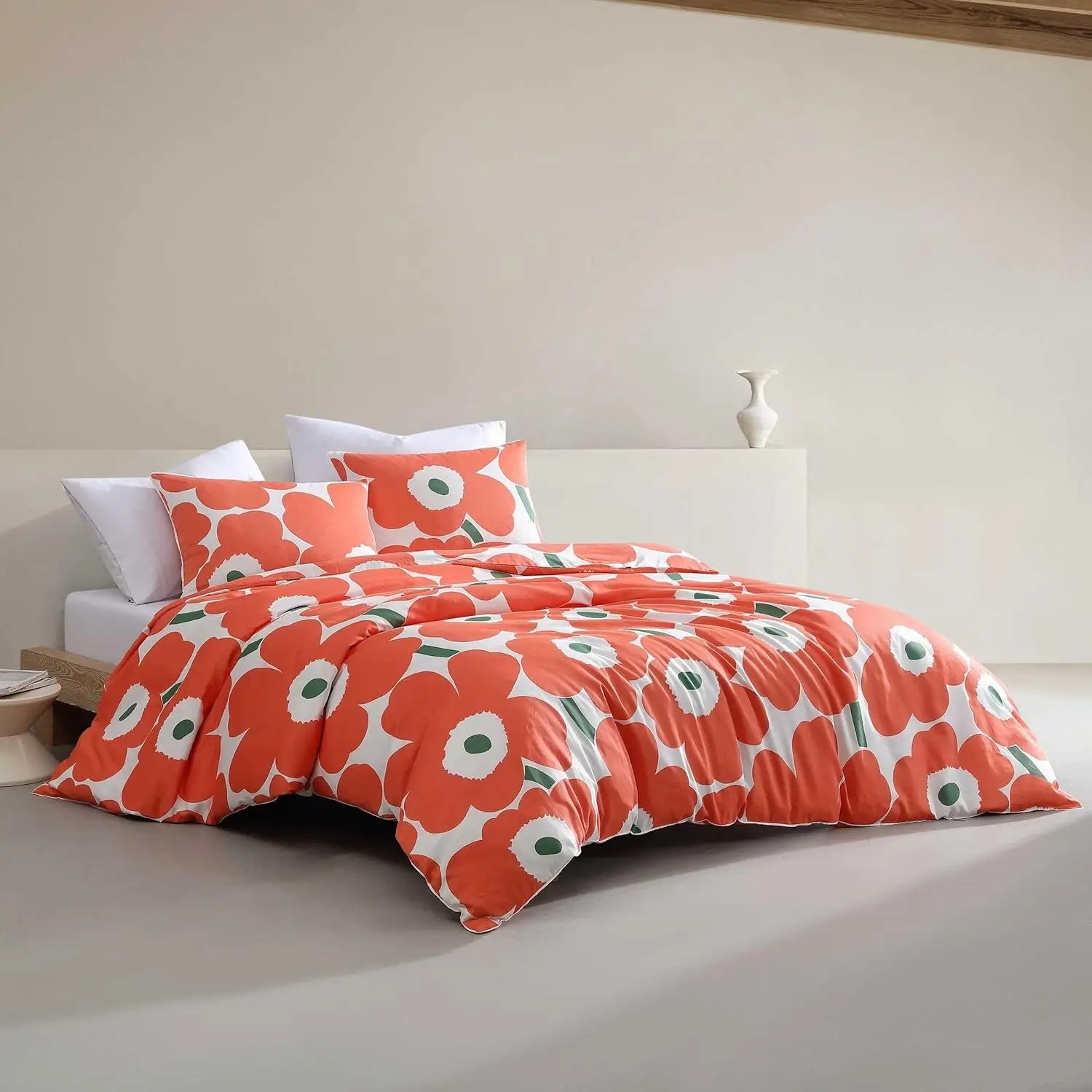 - Duvet Cover Set, Super Soft Organic Bedding, Casual Home Decor (Unikko Orange, Queen)