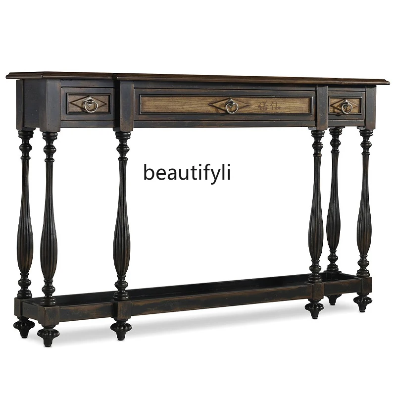 

Solid Wood Retro Console Tables Table Cabinet Distressed Wall Carved Decorative Long Sideboard Cabinet European Style