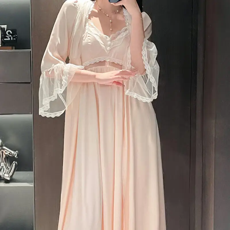 Bride Bridesmaid Wedding Robe Princess Style Kimono Gown Sexy Spaghetti Strap Nightdress Women Lace Long Sleeve Home Clothes