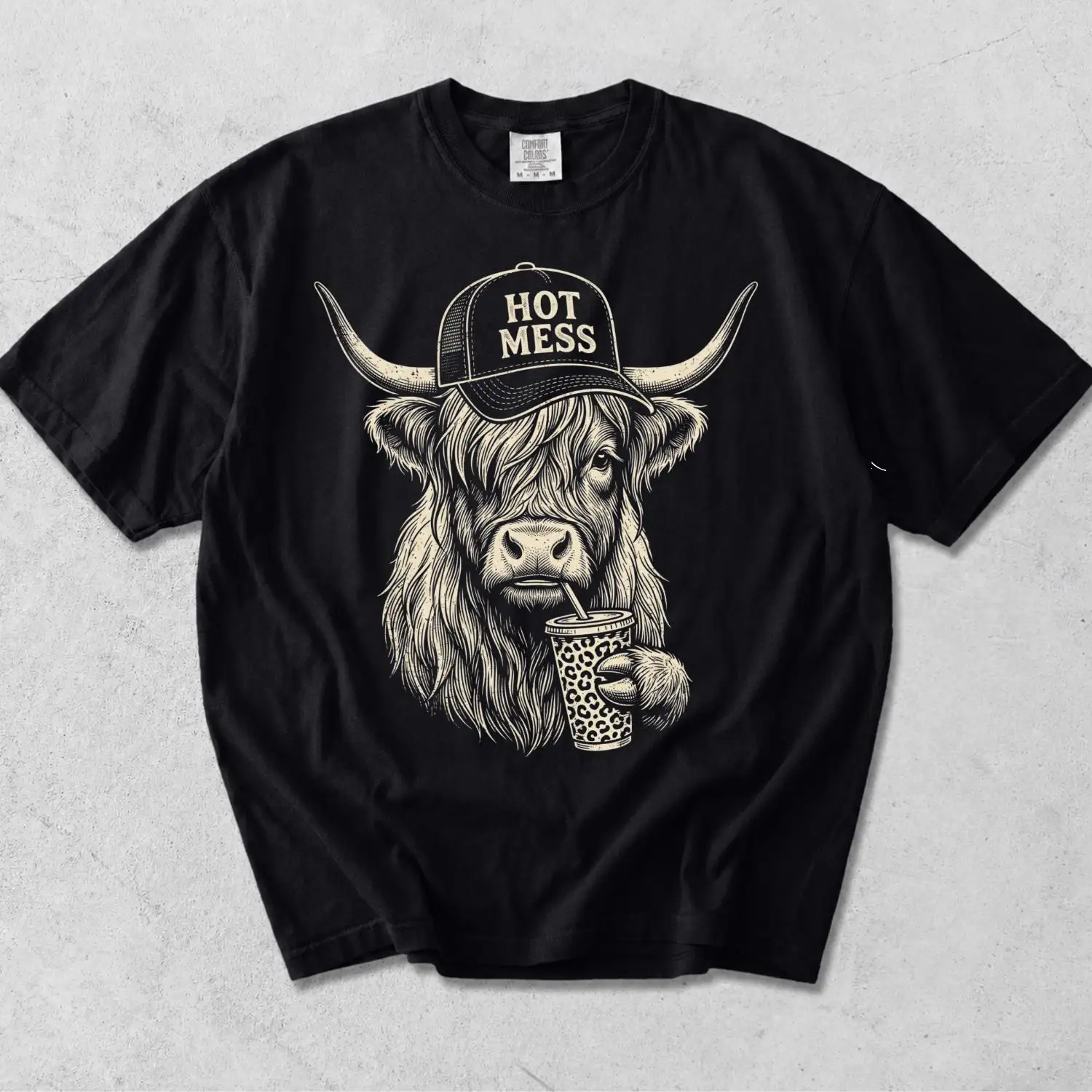 Hot Mess Highland Cow Shirt, Funny Cute Coffee Lover Tee, Rustic Western Farm Animal Humor, Cowgirl  T-shirt view 2