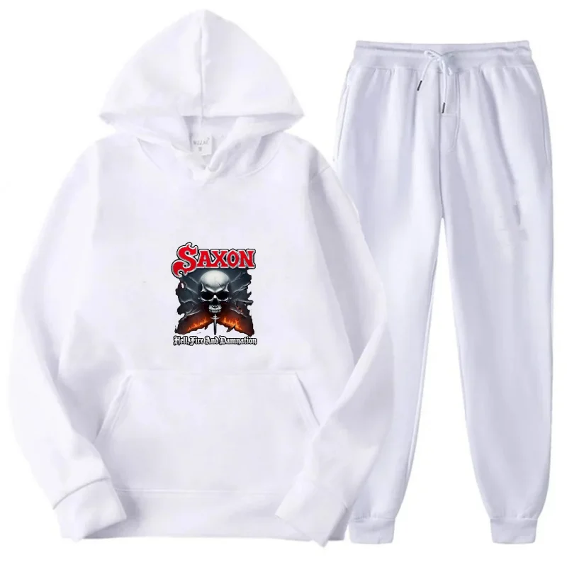 طقم هوديي رمادي + نمط ونص مطبوع عليه شعار فرقة ساكسون #3