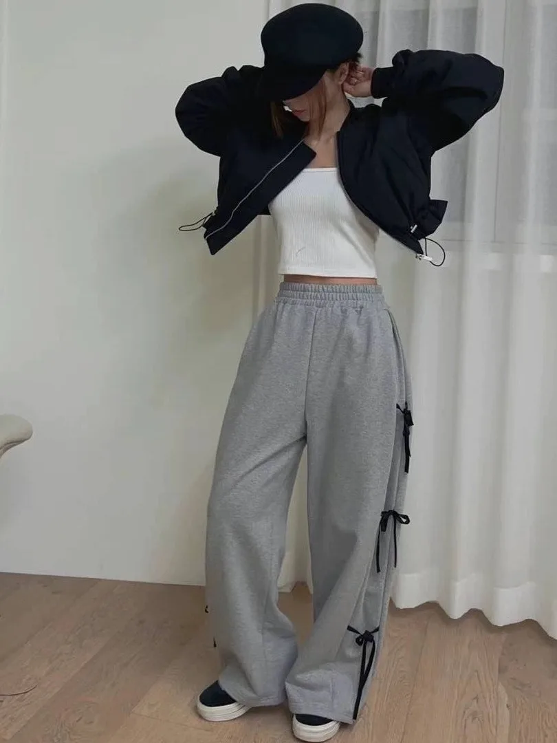 Eleganckie letnie nowe spodnie z kokardką, elastyczną talią, prostymi nogawkami, długie spodnie w stylu ulicznym.