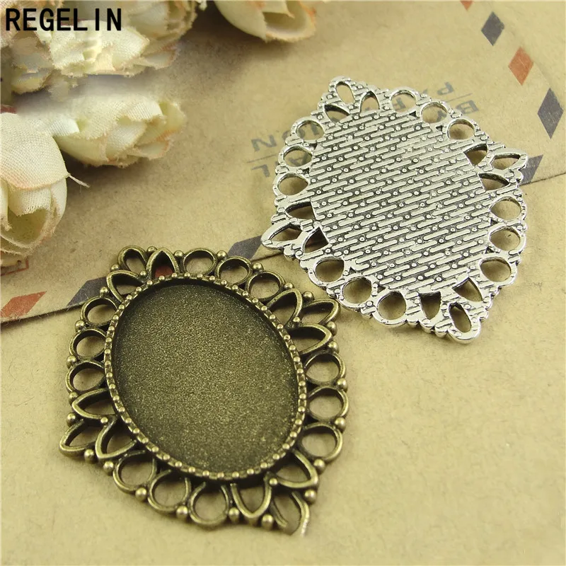 REGELIN Antique bronze/Antique Silver oval filigree cameo cabochon base setting 18*25mm 10pcs/lot Cabochon Pendant Settings