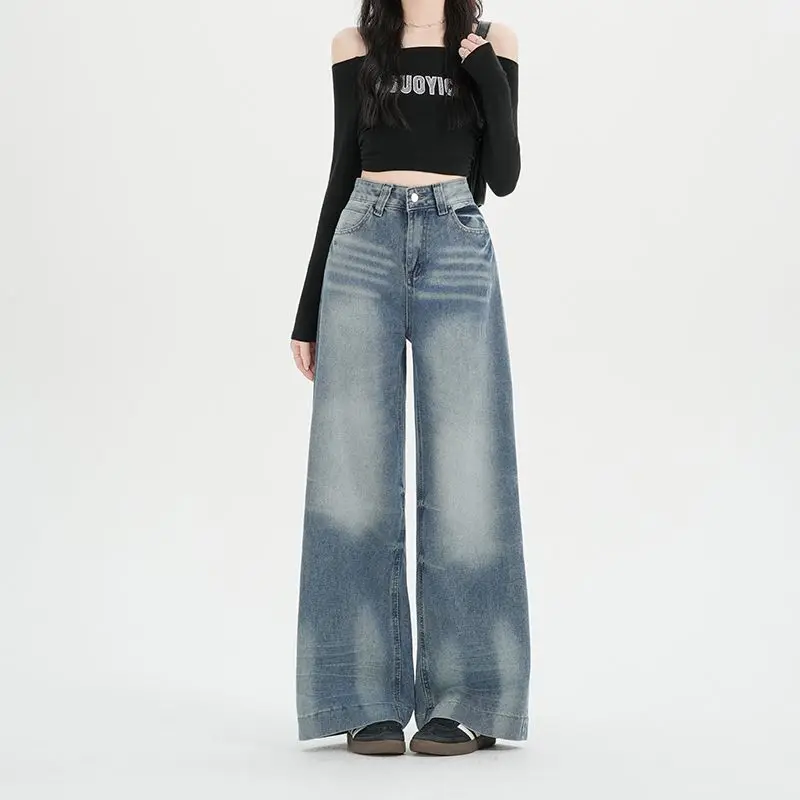 

Широкие джинсы женские в стиле ретро, синие, Y2K, свободные прямые брюки, весенняя классика, модный американский дизайн с эффектом «кошачьей бороды»