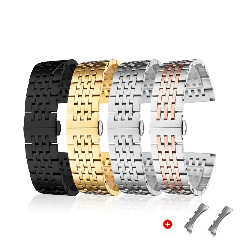 UTHAI Stainless Steel Seven Bead Watch Strap 18mm 19mm 20mm 21mm 22mm Solid Butterfly Buckle Universal Watchband Accessories