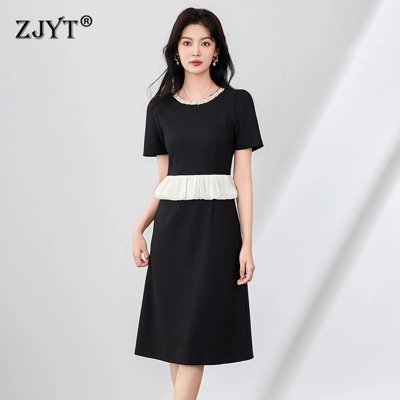 

ZJYT Elegant Ladies Beaded O Neck Hit Color Black Dress Women 2025 New Summer Short Sleeve Knee Length Office Party Dresses