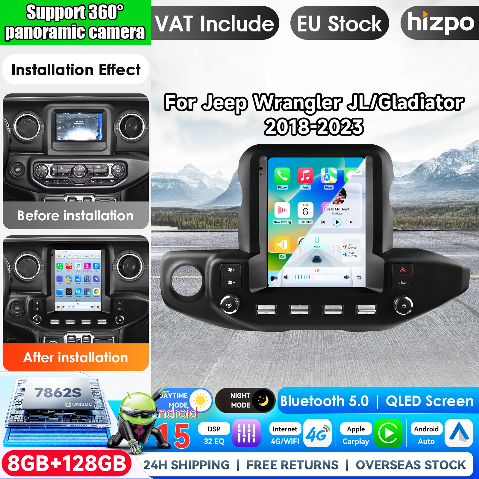 Hizpo 9,7 pouces, autoradio de style Tesla pour Jeep Wrangler JL / Gladiator 2018-2023, Android Auto, 4G, CarPlay sans fil, lecteur multimédia DSP, autoradio stéréo 2DIN, navigation GPS, système intelligent d'intelligence artificielle pour voiture, unité centrale, autoradio, vidéo, stéréo, audio, écran tactile QLED