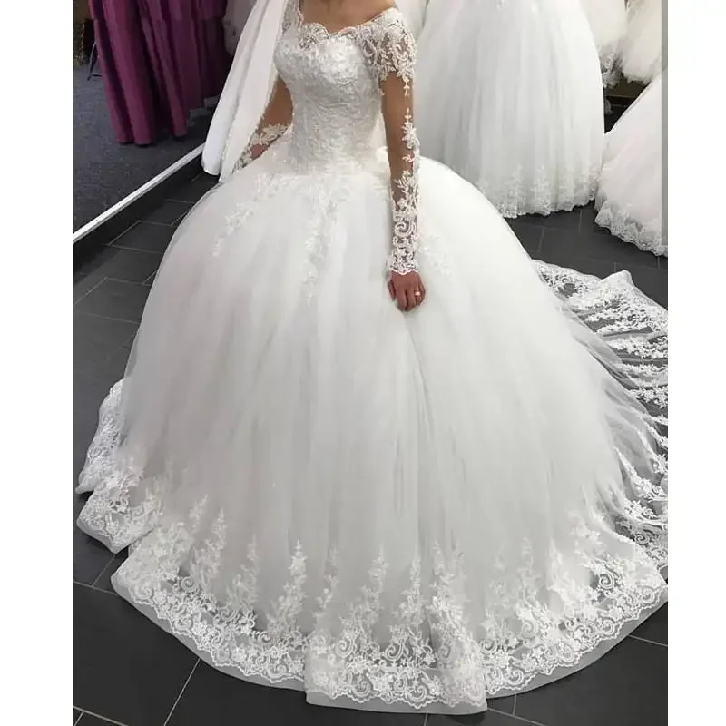 

Customized Sequin Beaded Lace Appliques Long Sleeve Ball Gown Best Bridal Tulle Custom Made Wedding Dress