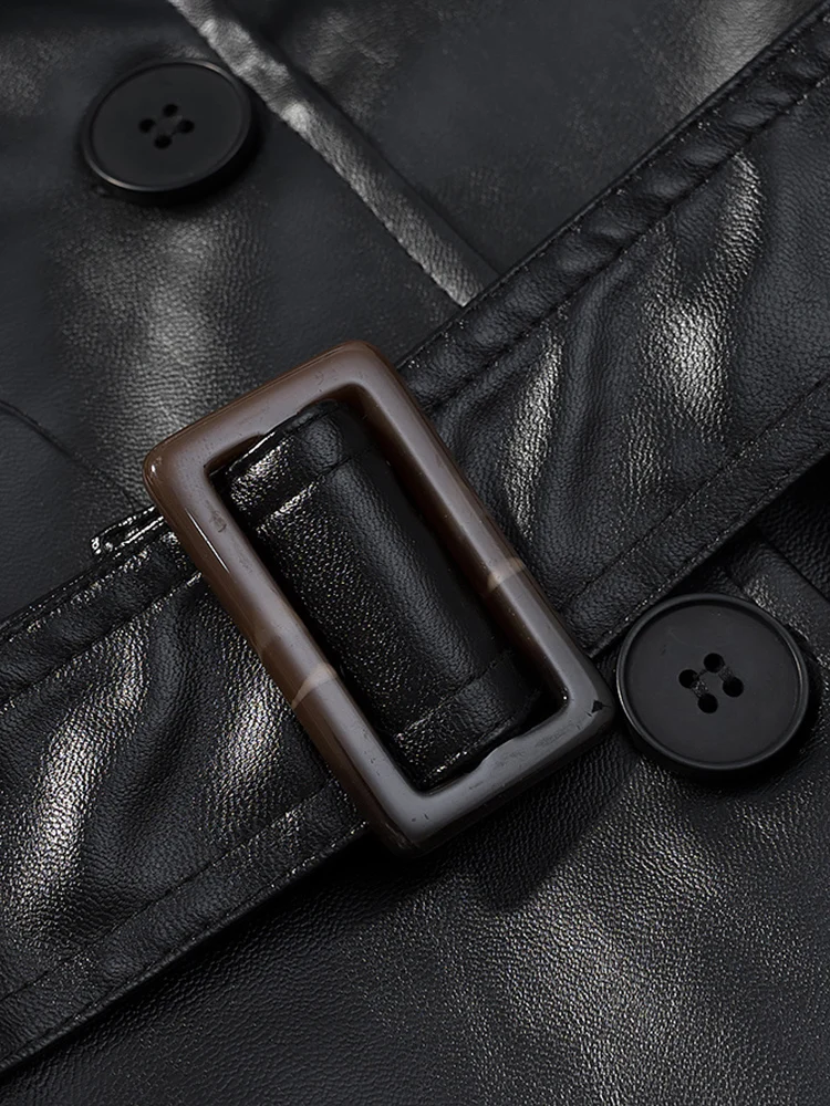 欧米風秋冬新作レディース長袖ラペルゆったりベルト付きロングイミテーションレザートレンチコート