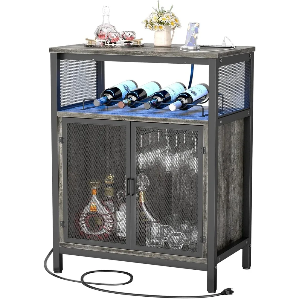 

Wine Bar Cabinet with RGB Light and Outlet, FreeStanding Wine Rack Table, Liquor Cabinet with Glass Holder, Floor Bar Cabinet f