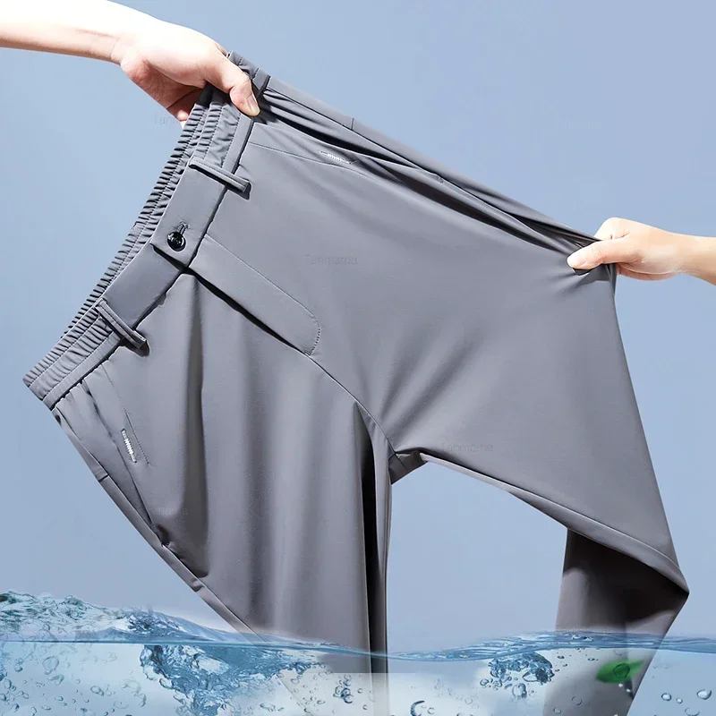 Ultradünne, elastische Herren-Freizeithose im Y2K-Stil, Sommer, schnell trocknend, aus Eisseide, schmal geschnitten, Business-Hose in Unifarben, Schwarz, Grau