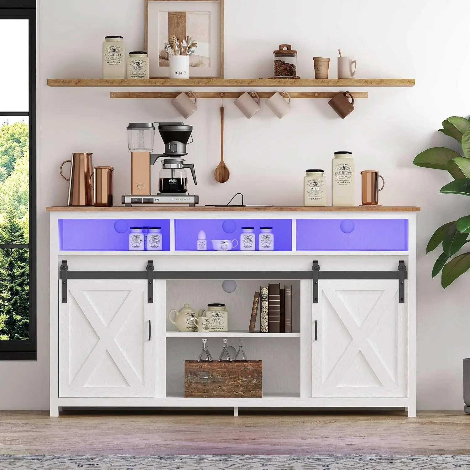 خزانة بار القهوة في المزرعة مع باب ومخرج منزلق، وخزانة جانبية للتخزين باللون الأبيض لغرفة الطعام والمطبخ والمدخل #3