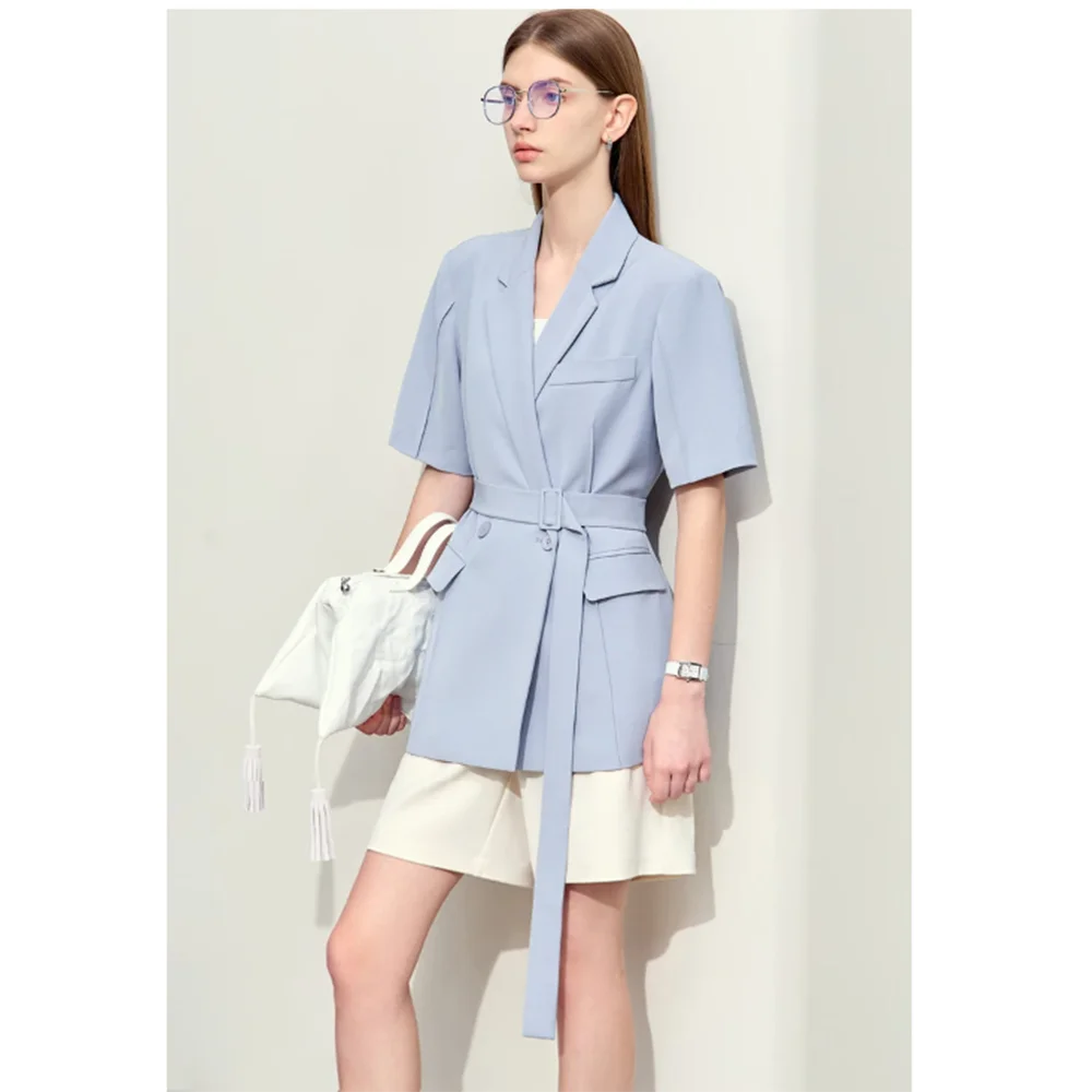 2024 Summer New Arrival Cool Light Blue Black Women Suit Double Breasted Peak Lapel 2 Piece Jacket Pants костюм женский