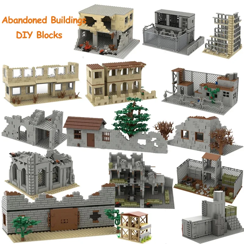 

MOC военная сцена, разрушенный Battlefield House, строительные блоки, сборка для мальчиков, брошенная база/склад/форма, кирпичи, игрушки, подарки
