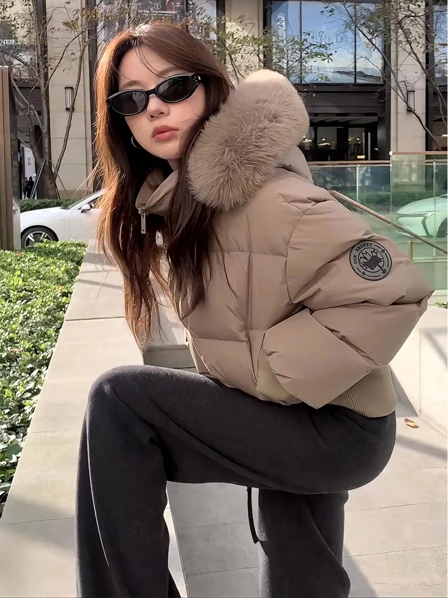 

Casual Sle Women's ort Puffer Jaet Fur Collar Warm Thiened Winter Coat White Du down Waist-Cinching Design