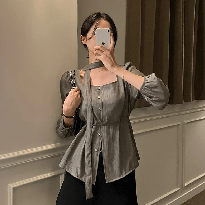 Korean Style Chic Women's Long Sleeve Square Collar Shirt with Sash Early Autumn New Arrival Fashionable Polyester Fiber