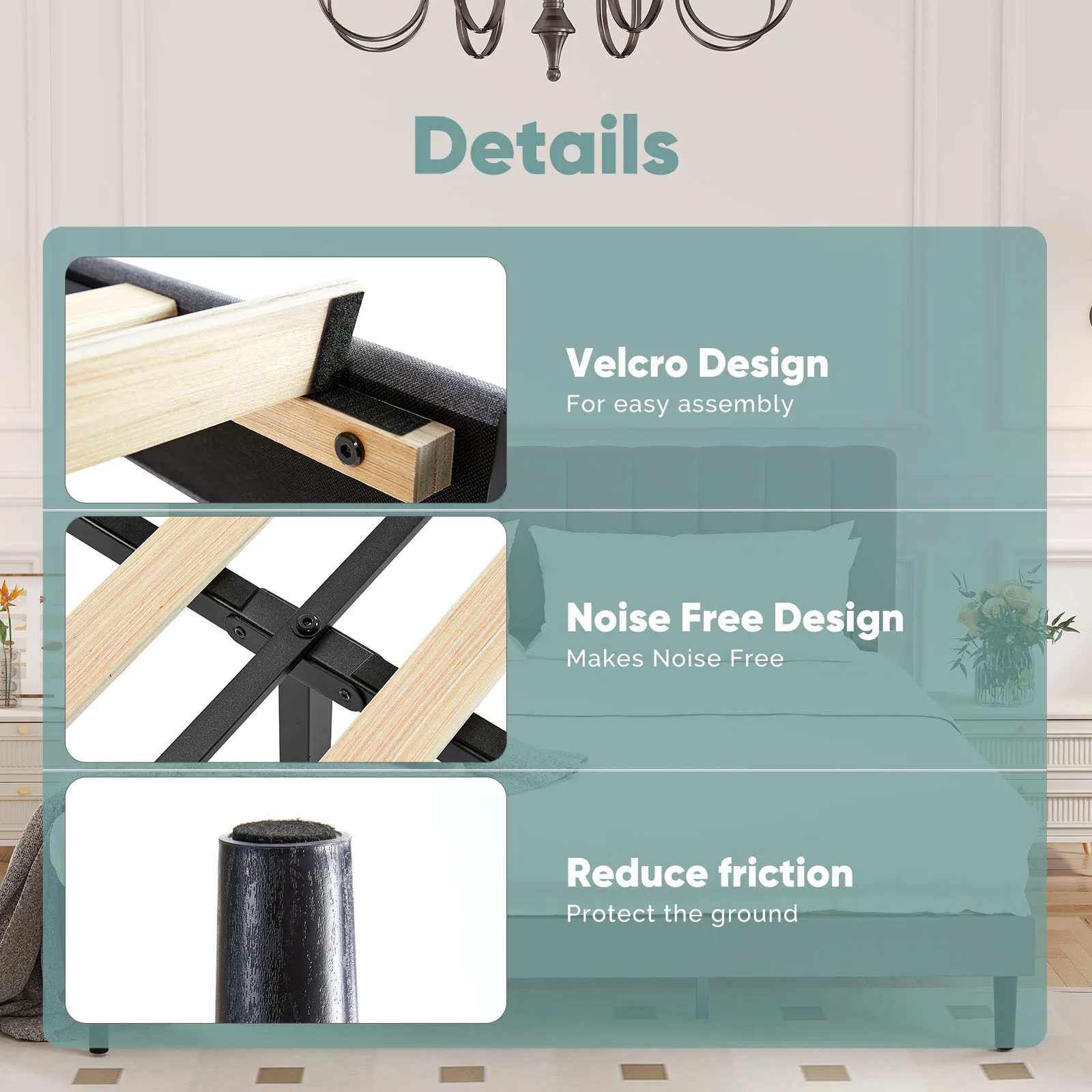 JHK King Wooden Solid Bed Frame with Fabric Upholstered 800LBS Sturdy Slats Support Spring Needed Easy Assembly For Bedroom image 3