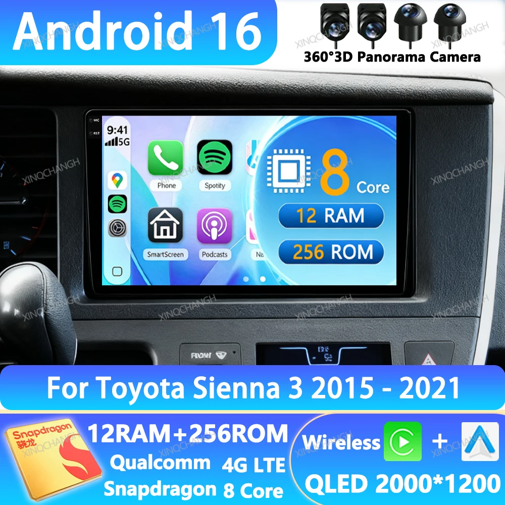 Autoradio Android 16 pour Toyota Sienna 3 2015 - 2021, lecteur vidéo multimédia, unité centrale BT 2DIN, 4G WIFI, QLED, GPS Qualcomm, BT GPS